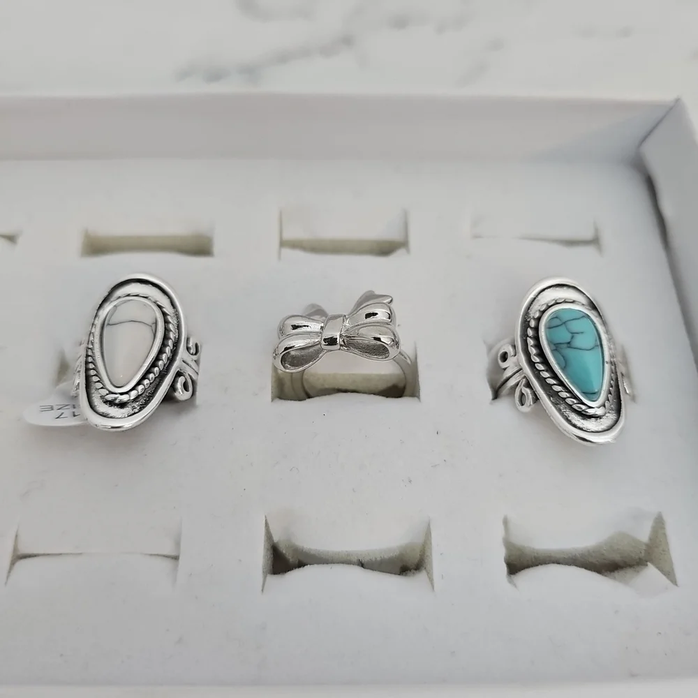 3pc Fashion Ring Set Silver Bow Blue Stone White Stone Country Girl Southwestern